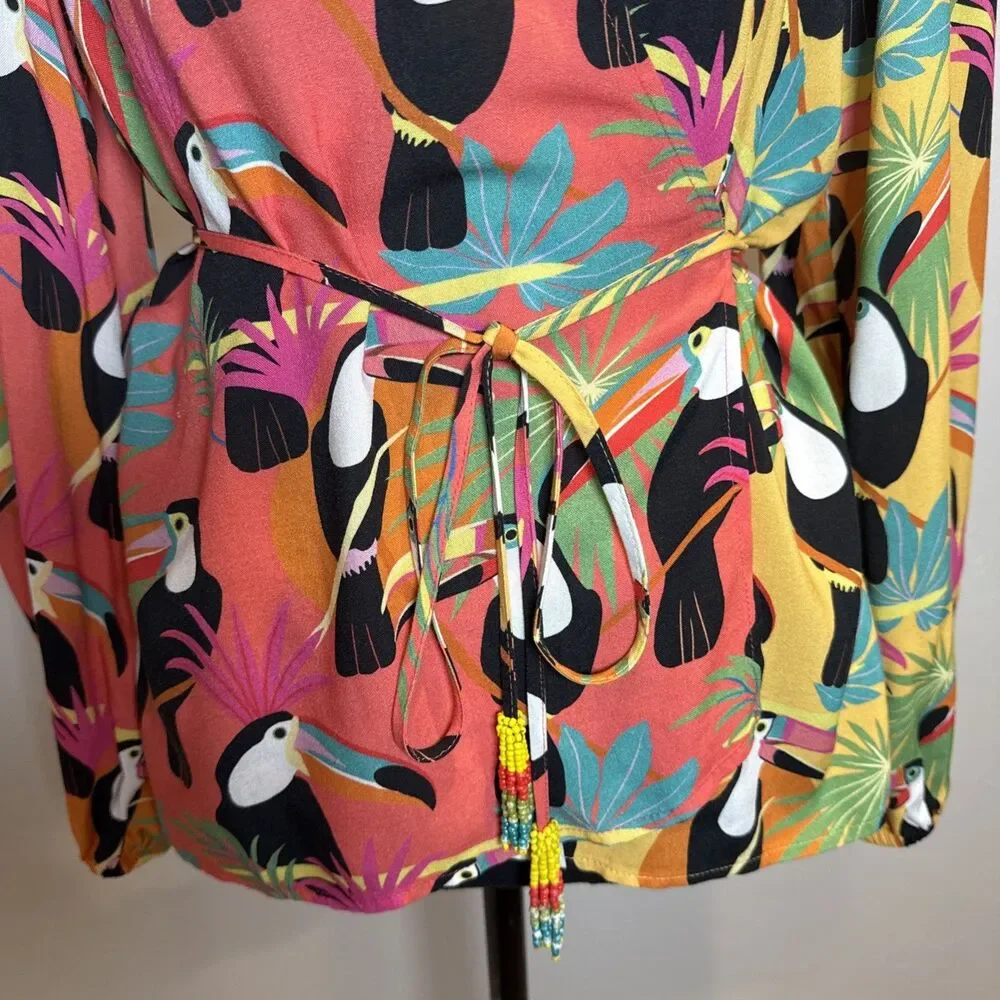 Farm Rio for Anthropologie Rainforest Toucan Wrap Blouse Size XS Beaded Tassel